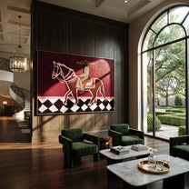 Checked Road Carries Rider - outlined horse rider painting by Isabelle Laurent, modern Western horizontal wall art – styled room scene view 3