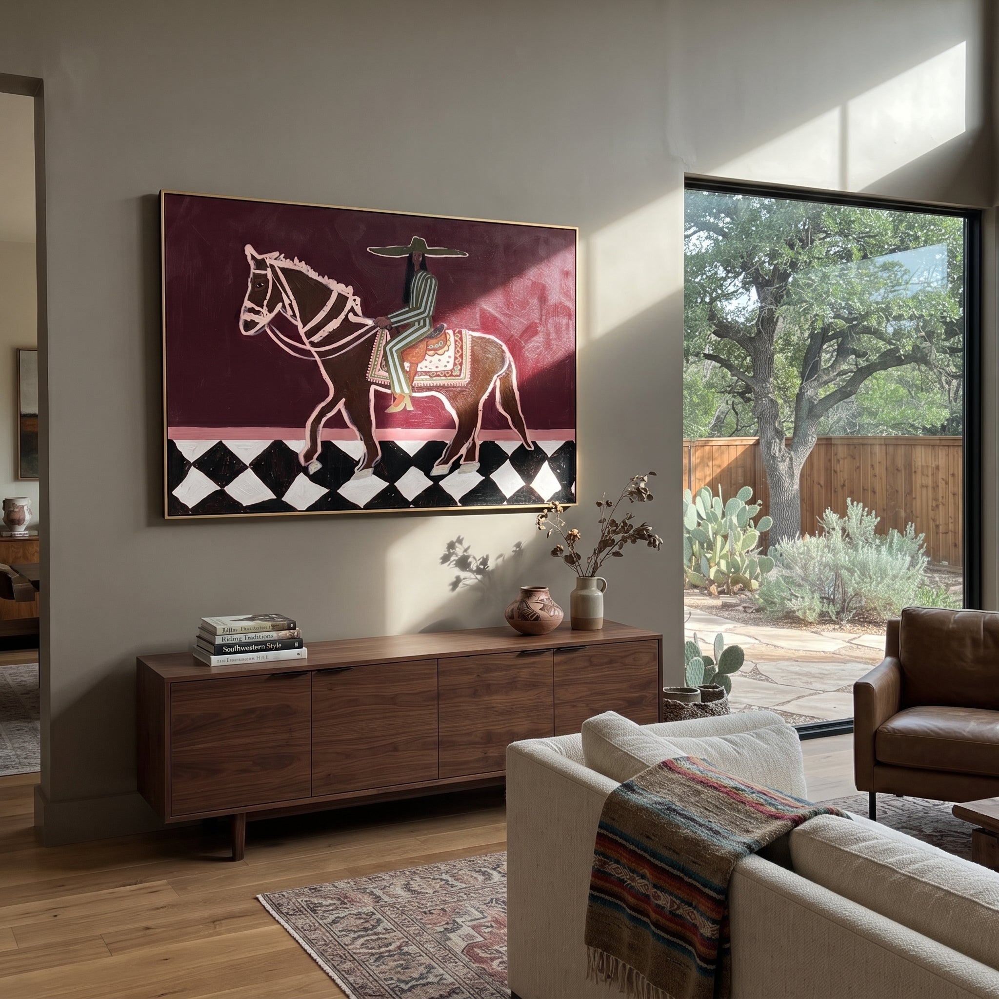 Checked Road Carries Rider - outlined horse rider painting by Isabelle Laurent, modern Western horizontal wall art – styled room scene view 4