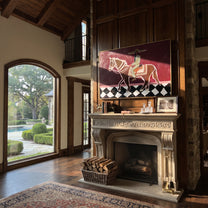Checked Road Carries Rider - outlined horse rider painting by Isabelle Laurent, modern Western horizontal wall art – styled room scene view 5