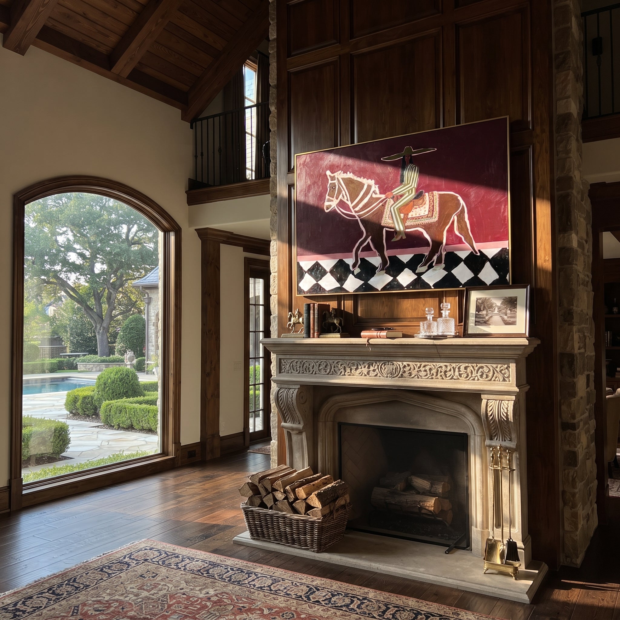 Checked Road Carries Rider - outlined horse rider painting by Isabelle Laurent, modern Western horizontal wall art – styled room scene view 5