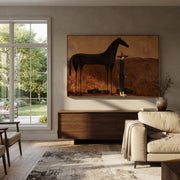 Shadow Horse Keeps Company - horse and cowboy painting by Isabelle Laurent, modern Western horizontal wall art – styled room scene view 1