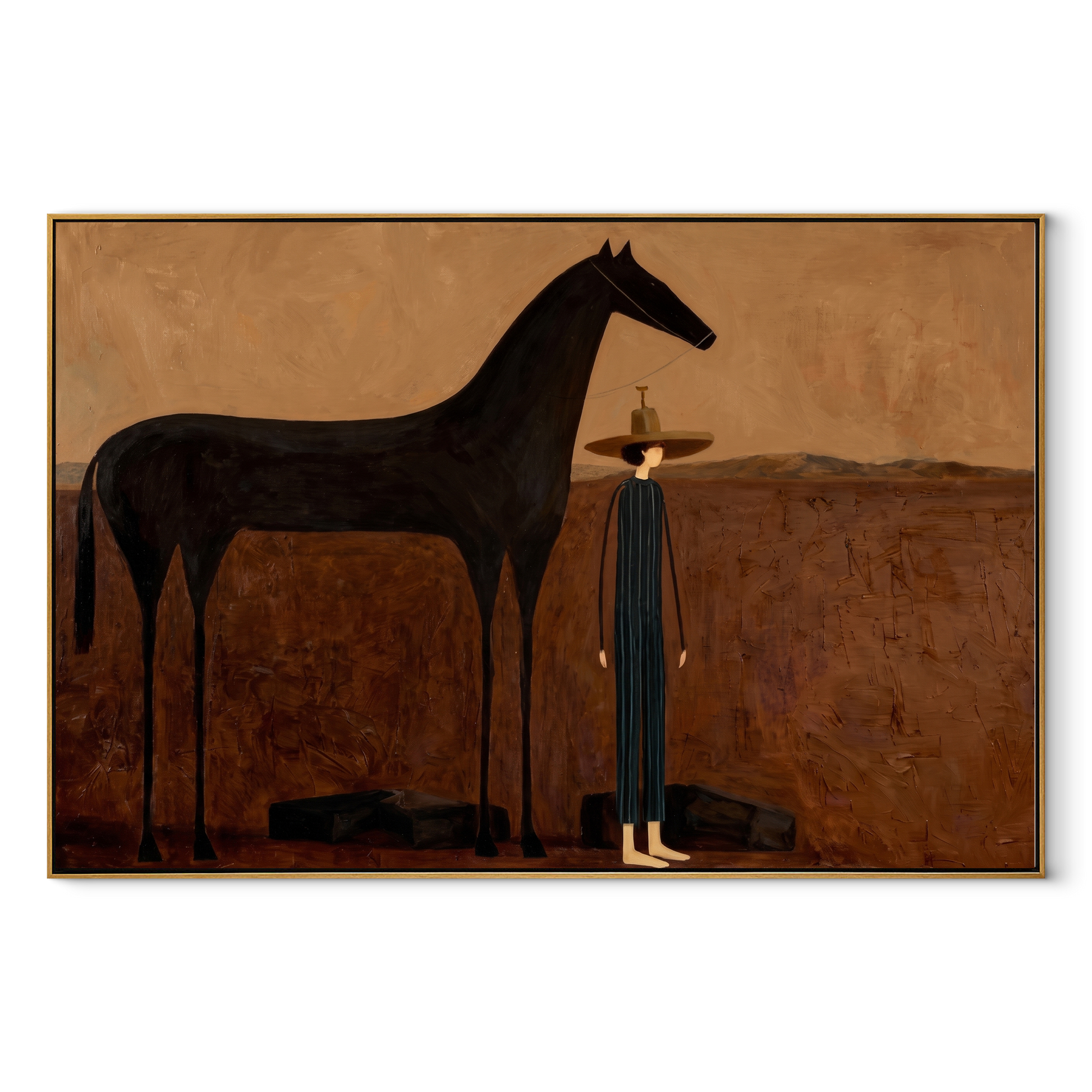 Shadow Horse Keeps Company - horse and cowboy painting by Isabelle Laurent, modern Western horizontal wall art – wood frame on white background