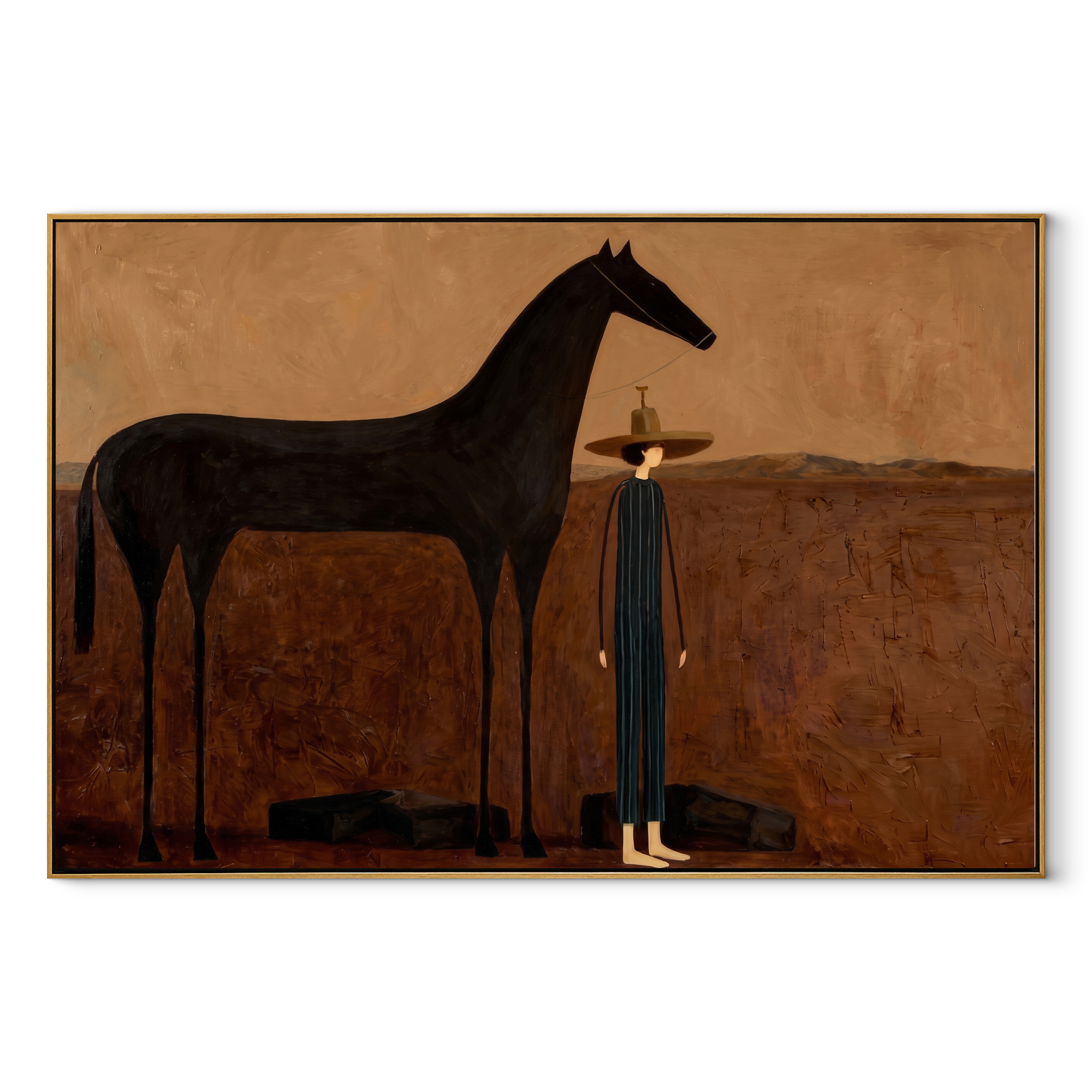 Shadow Horse Keeps Company - horse and cowboy painting by Isabelle Laurent, modern Western horizontal wall art – wood frame on white background