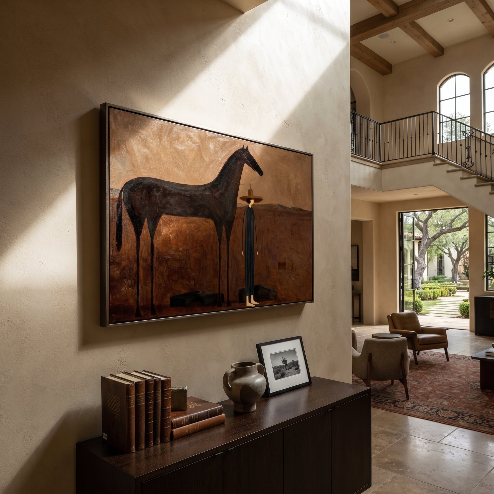 Shadow Horse Keeps Company - horse and cowboy painting by Isabelle Laurent, modern Western horizontal wall art – styled room scene view 2