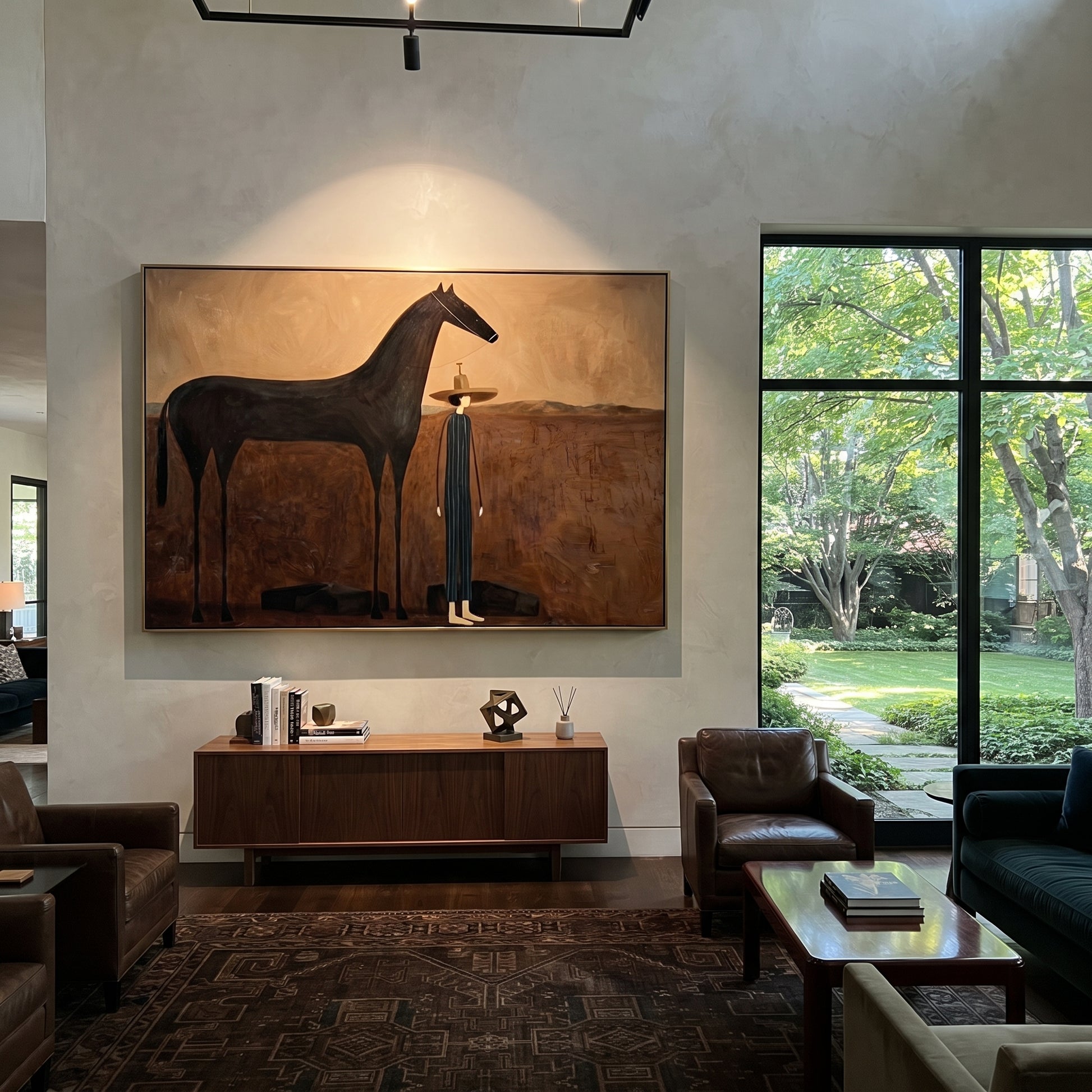 Shadow Horse Keeps Company - horse and cowboy painting by Isabelle Laurent, modern Western horizontal wall art – styled room scene view 3