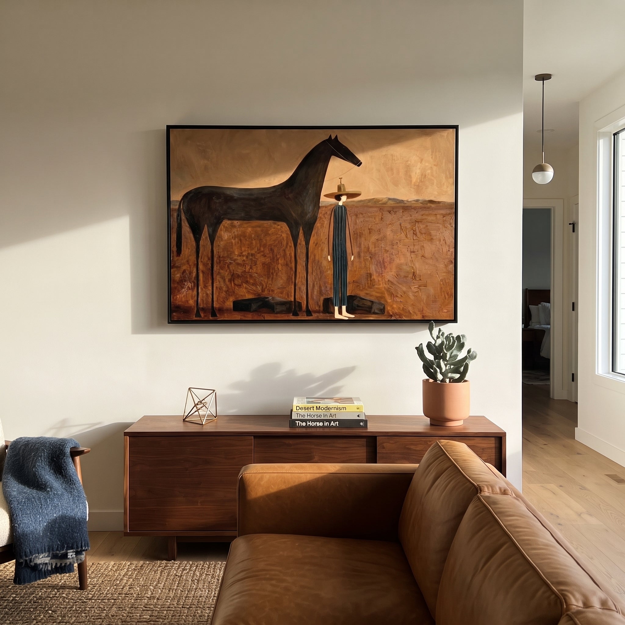Shadow Horse Keeps Company - horse and cowboy painting by Isabelle Laurent, modern Western horizontal wall art – styled room scene view 4