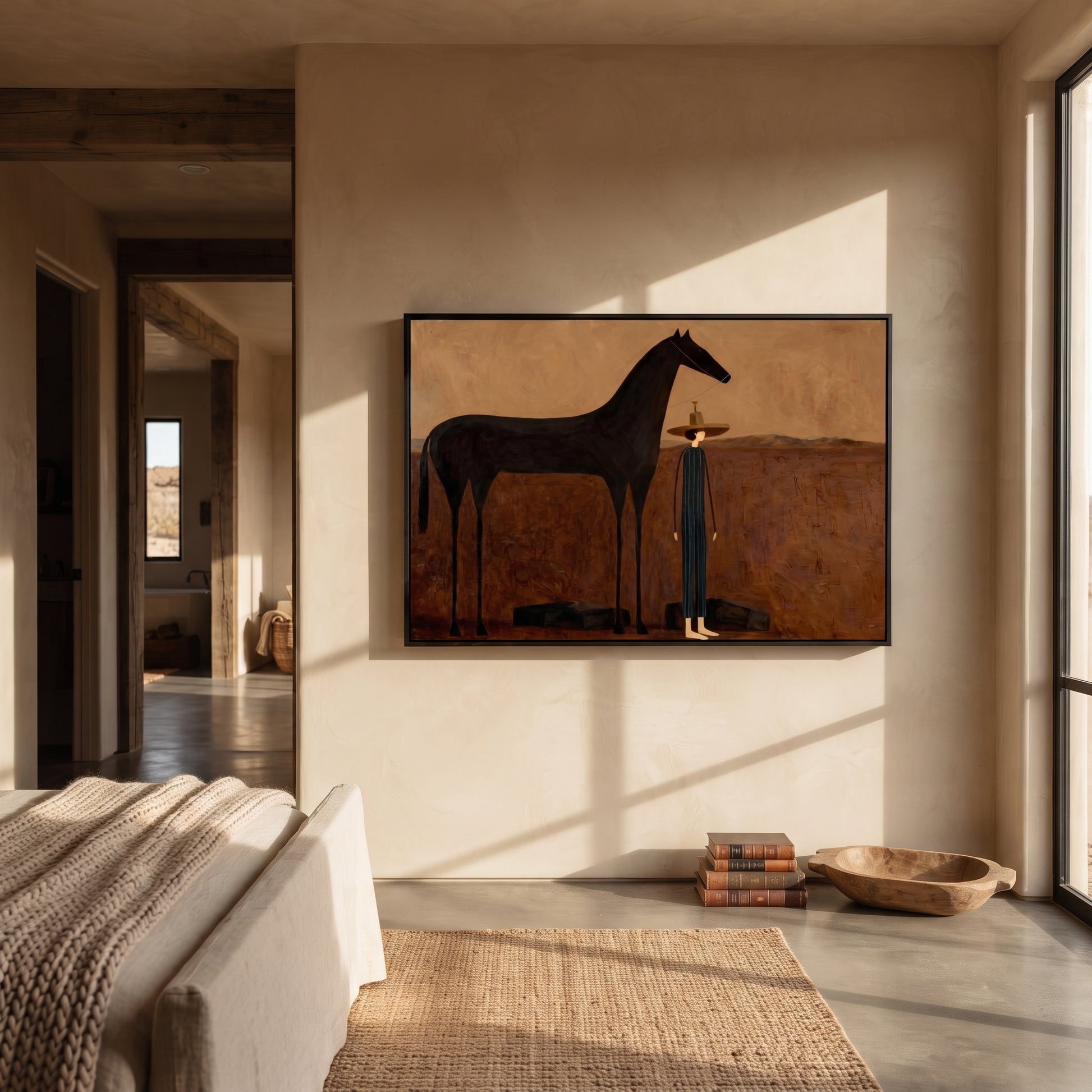 Shadow Horse Keeps Company - horse and cowboy painting by Isabelle Laurent, modern Western horizontal wall art – styled room scene view 5