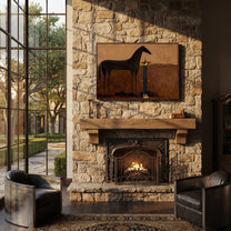 Shadow Horse Keeps Company - horse and cowboy painting by Isabelle Laurent, modern Western horizontal wall art – styled room scene view 6