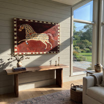 Blue Marks Gallop Burgundy - spotted horse folk painting by Isabelle Laurent, modern Western horizontal wall art – styled room scene view 1