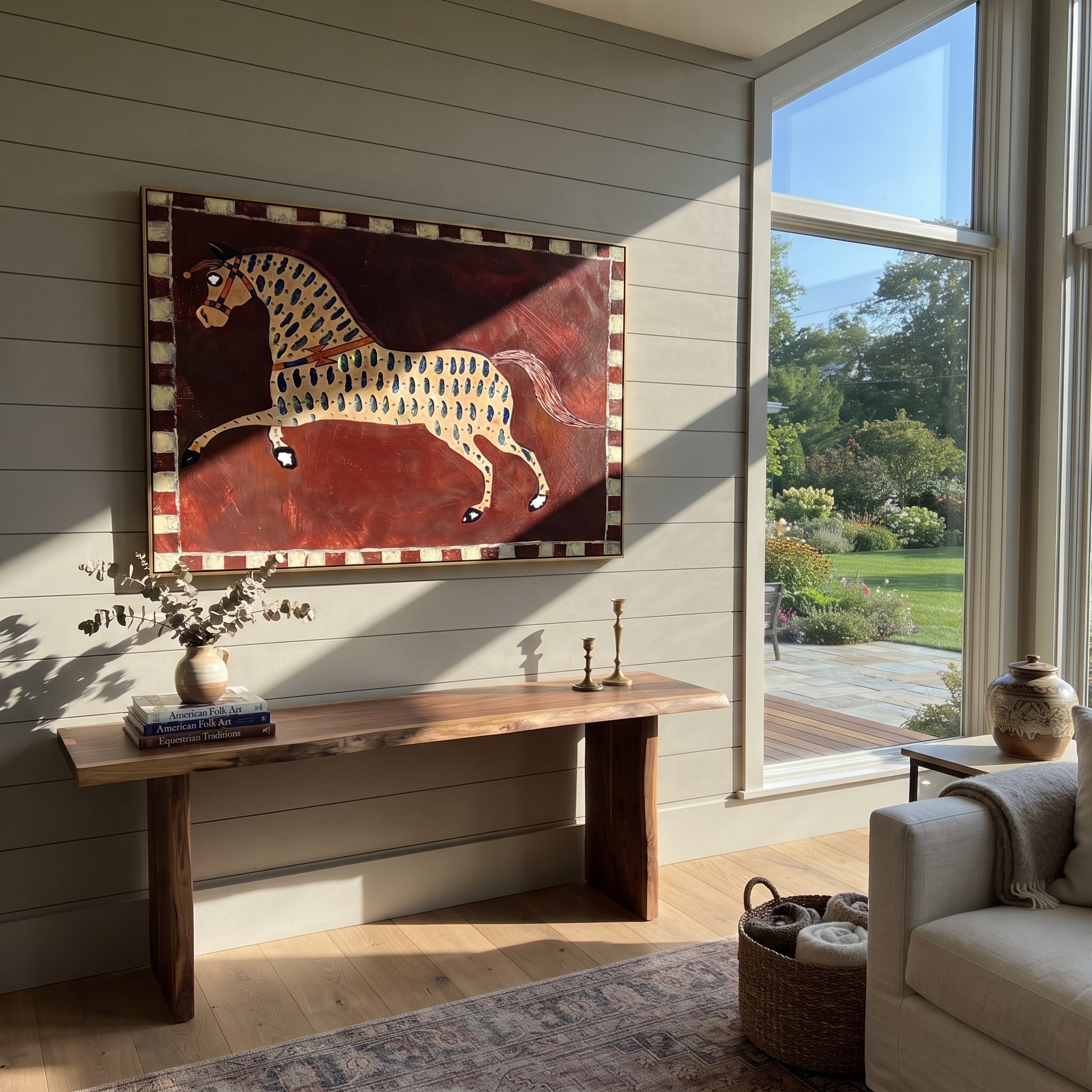 Blue Marks Gallop Burgundy - spotted horse folk painting by Isabelle Laurent, modern Western horizontal wall art – styled room scene view 1