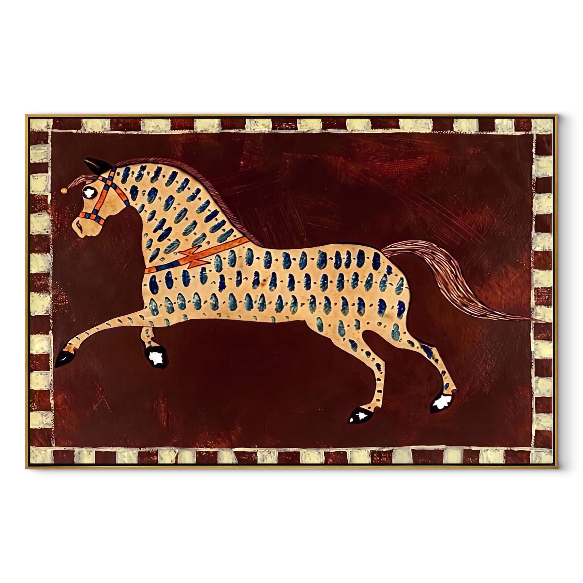 Blue Marks Gallop Burgundy - spotted horse folk painting by Isabelle Laurent, modern Western horizontal wall art – wood frame on white background