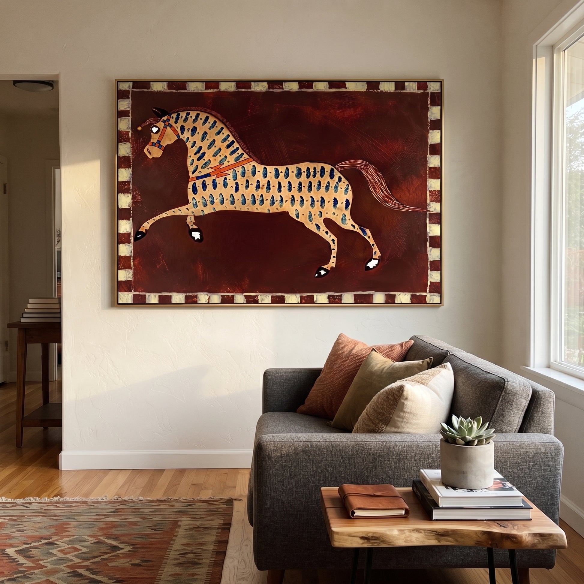 Blue Marks Gallop Burgundy - spotted horse folk painting by Isabelle Laurent, modern Western horizontal wall art – styled room scene view 2