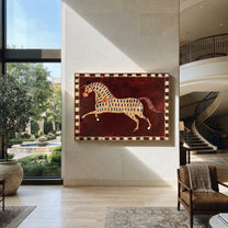 Blue Marks Gallop Burgundy - spotted horse folk painting by Isabelle Laurent, modern Western horizontal wall art – styled room scene view 3