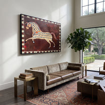 Blue Marks Gallop Burgundy - spotted horse folk painting by Isabelle Laurent, modern Western horizontal wall art – styled room scene view 4
