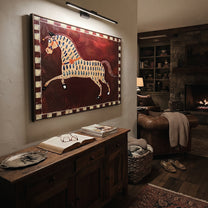 Blue Marks Gallop Burgundy - spotted horse folk painting by Isabelle Laurent, modern Western horizontal wall art – styled room scene view 5