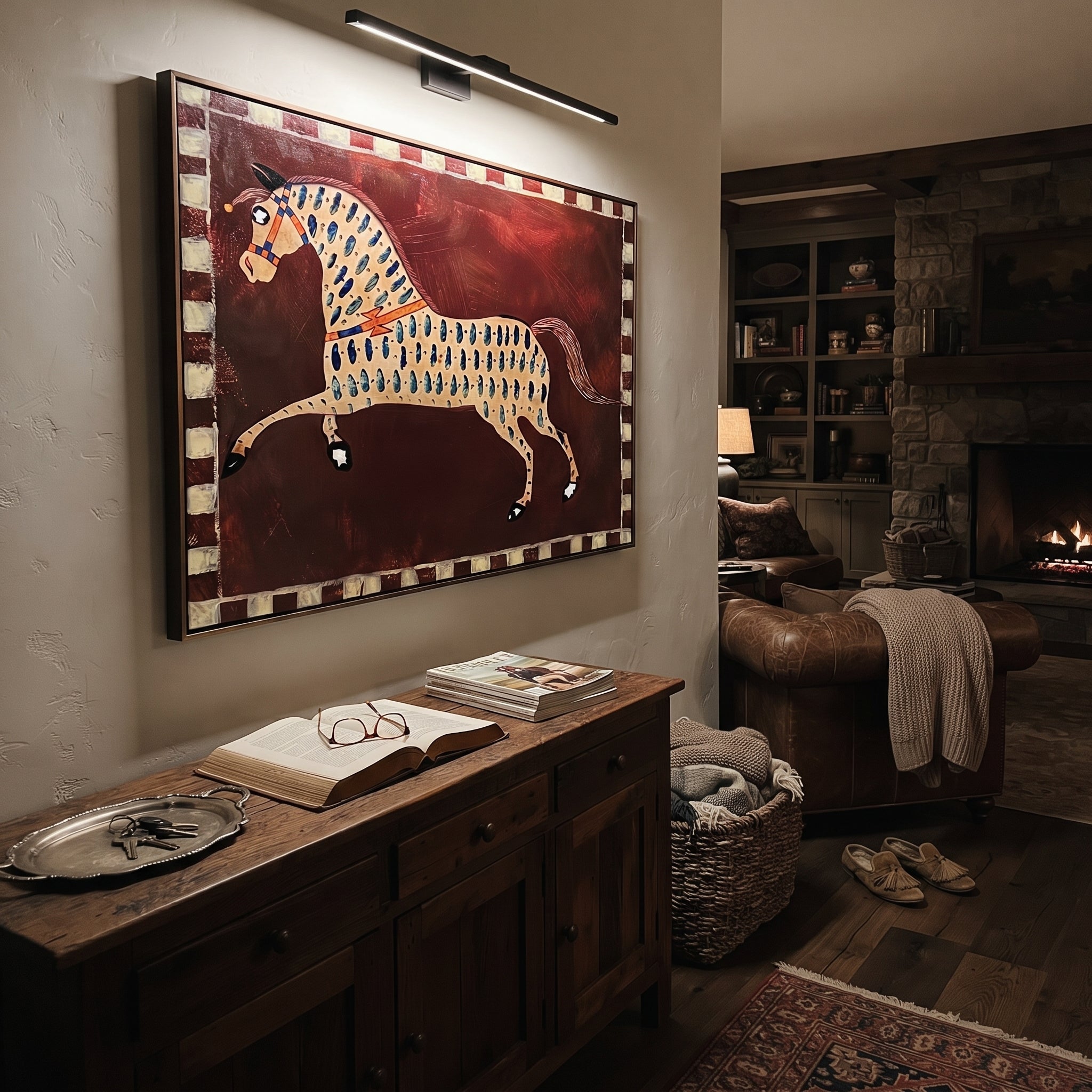 Blue Marks Gallop Burgundy - spotted horse folk painting by Isabelle Laurent, modern Western horizontal wall art – styled room scene view 5