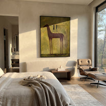 Two Figures Measure Stillness - tall horse balance painting by Isabelle Laurent, modern Western vertical wall art – styled room scene view 1