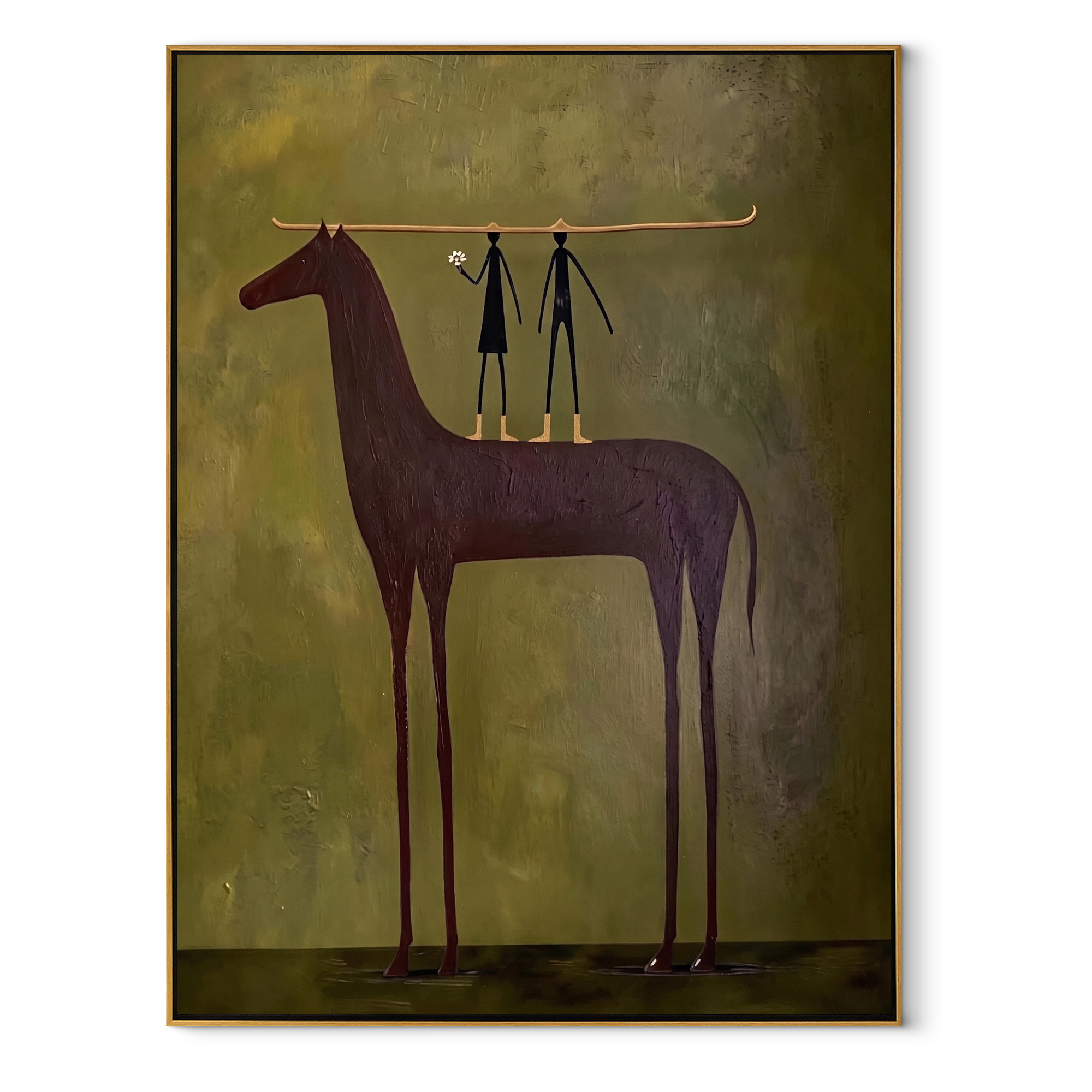 Two Figures Measure Stillness - tall horse balance painting by Isabelle Laurent, modern Western vertical wall art – wood frame on white background