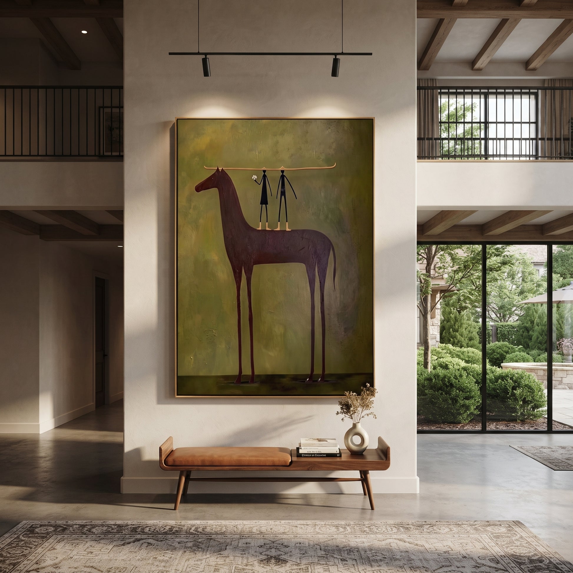 Two Figures Measure Stillness - tall horse balance painting by Isabelle Laurent, modern Western vertical wall art – styled room scene view 2