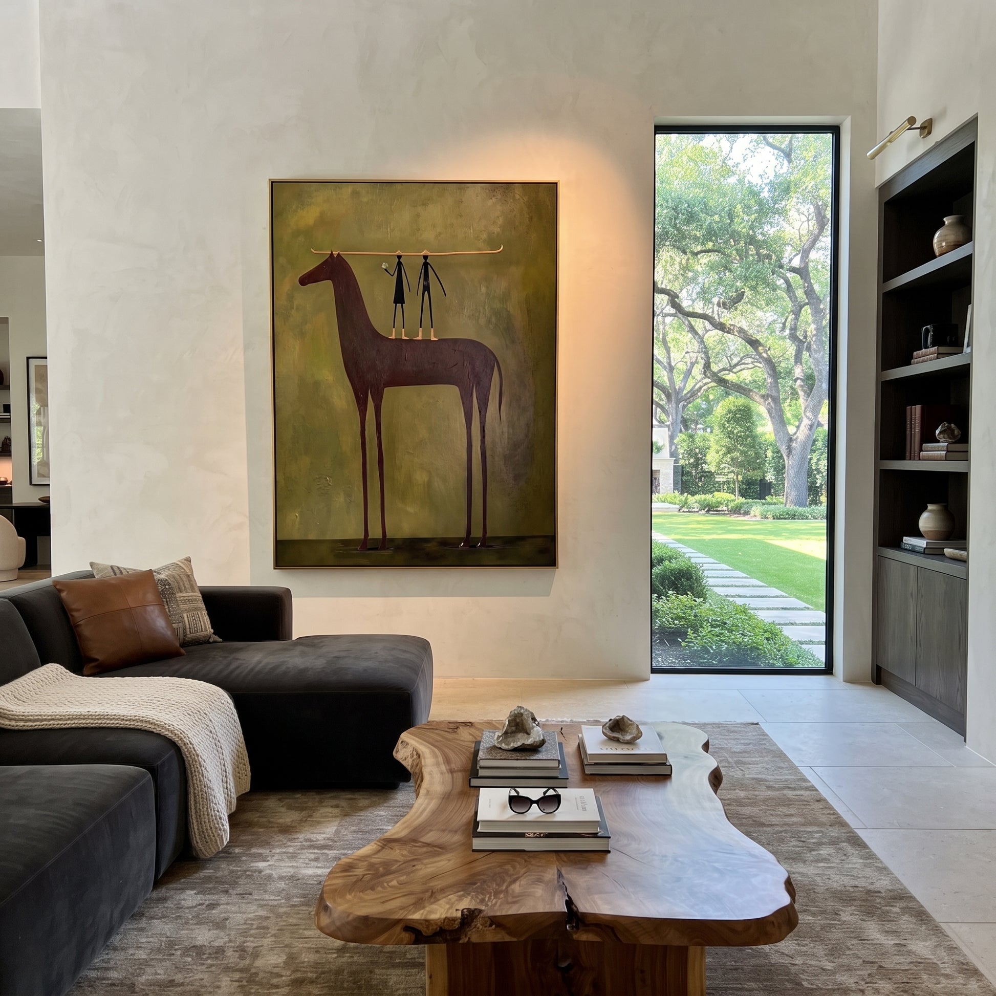 Two Figures Measure Stillness - tall horse balance painting by Isabelle Laurent, modern Western vertical wall art – styled room scene view 3