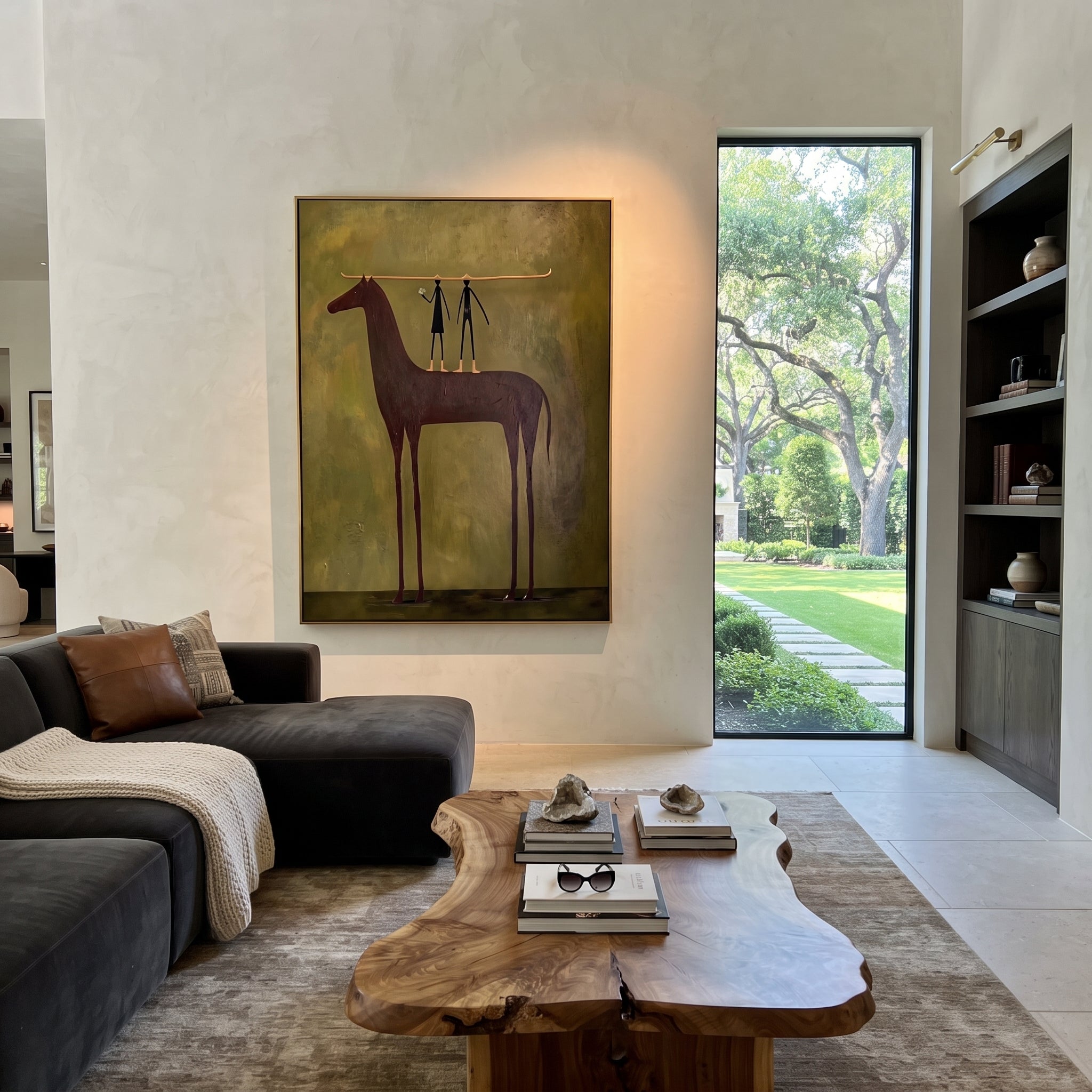 Two Figures Measure Stillness - tall horse balance painting by Isabelle Laurent, modern Western vertical wall art – styled room scene view 3