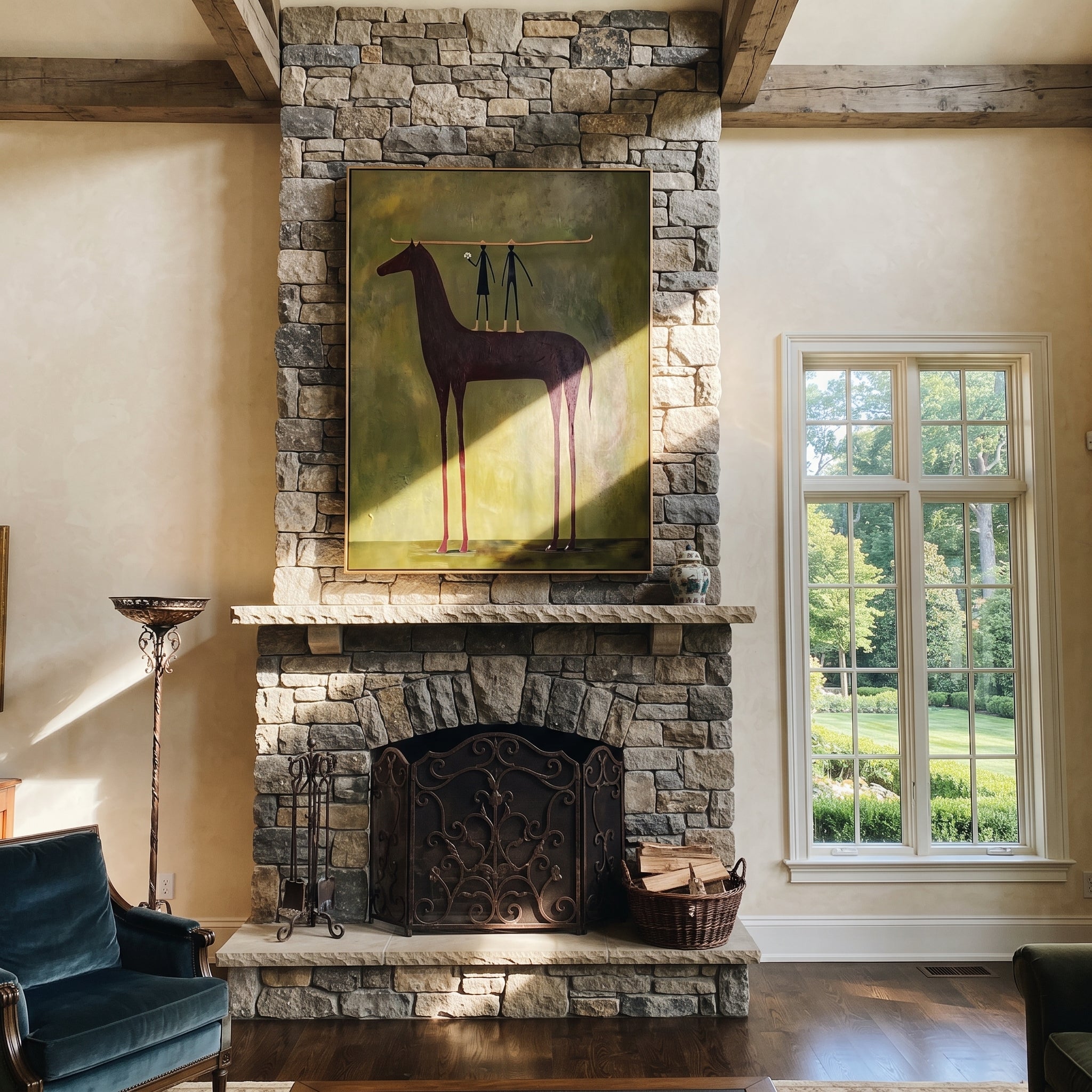 Two Figures Measure Stillness - tall horse balance painting by Isabelle Laurent, modern Western vertical wall art – styled room scene view 4