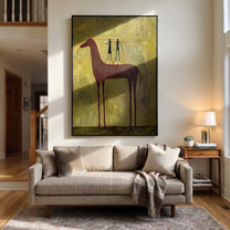 Two Figures Measure Stillness - tall horse balance painting by Isabelle Laurent, modern Western vertical wall art – styled room scene view 5