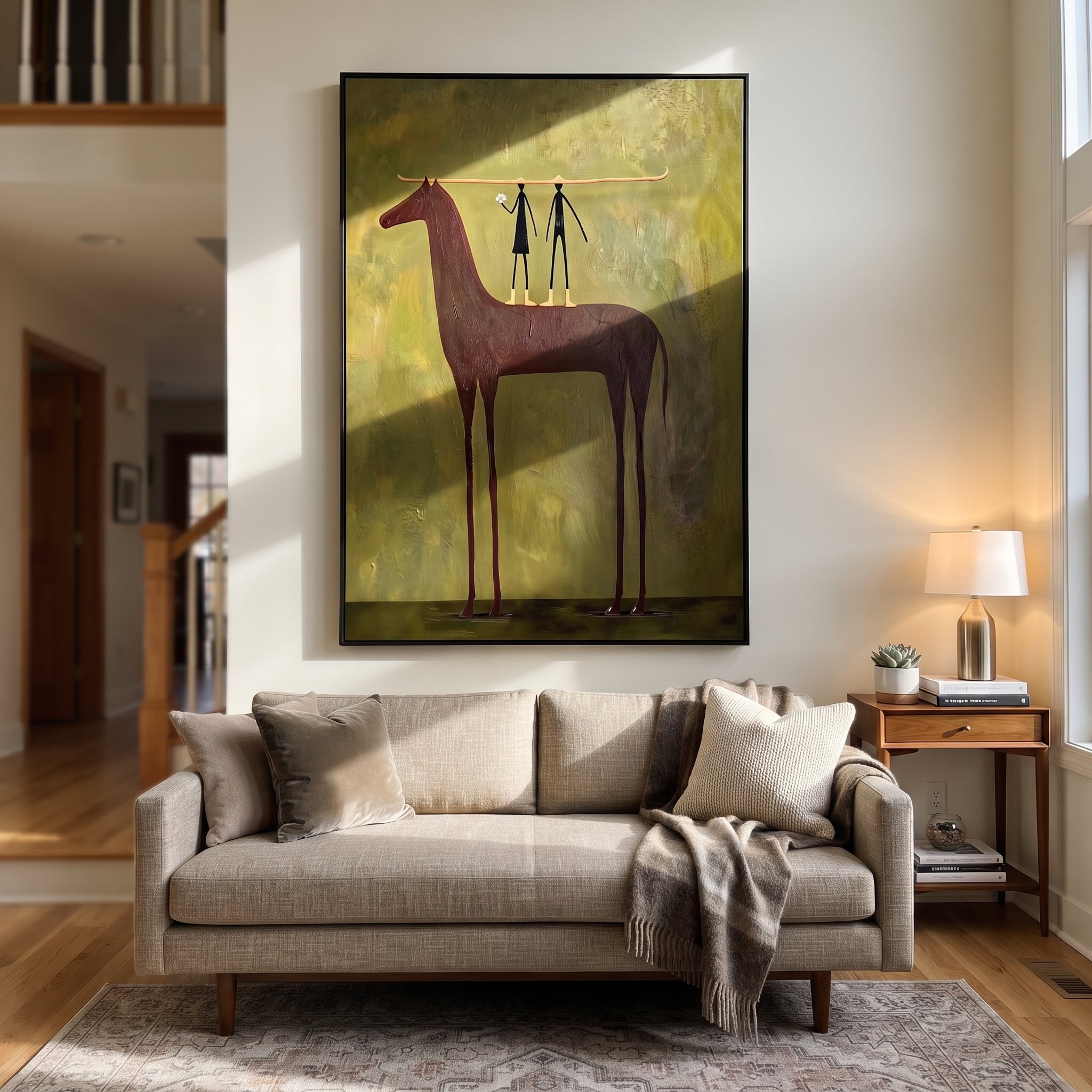 Two Figures Measure Stillness - tall horse balance painting by Isabelle Laurent, modern Western vertical wall art – styled room scene view 5