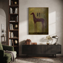 Two Figures Measure Stillness - tall horse balance painting by Isabelle Laurent, modern Western vertical wall art – styled room scene view 6