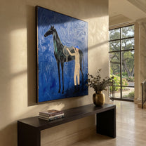 Silver Reins Meet Cobalt - horse handler painting by Isabelle Laurent, modern Western vertical wall art – styled room scene view 1