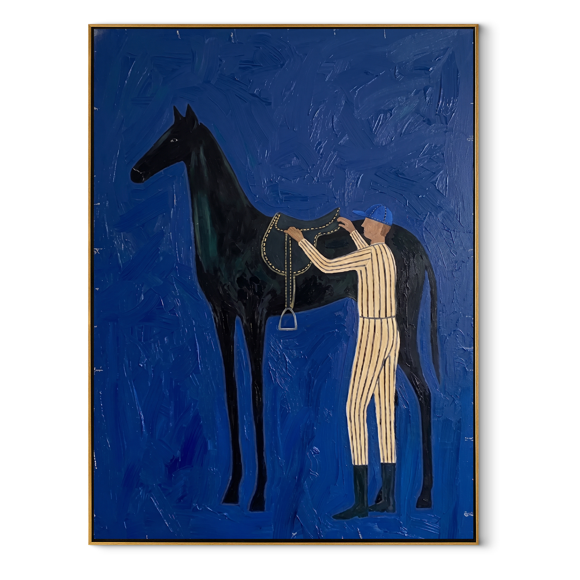 Silver Reins Meet Cobalt - horse handler painting by Isabelle Laurent, modern Western vertical wall art – wood frame on white background