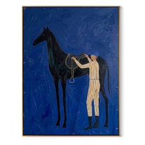 Silver Reins Meet Cobalt - horse handler painting by Isabelle Laurent, modern Western vertical wall art – wood frame on white background