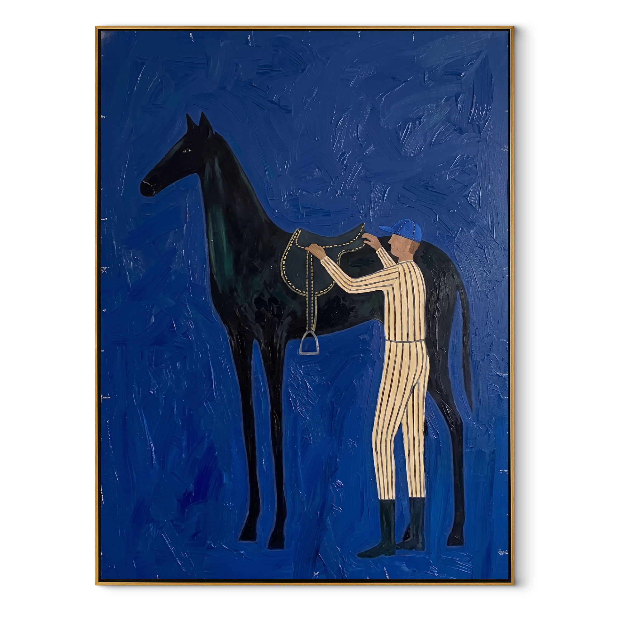 Silver Reins Meet Cobalt - horse handler painting by Isabelle Laurent, modern Western vertical wall art – wood frame on white background
