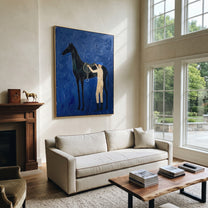 Silver Reins Meet Cobalt - horse handler painting by Isabelle Laurent, modern Western vertical wall art – styled room scene view 2