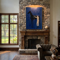 Silver Reins Meet Cobalt - horse handler painting by Isabelle Laurent, modern Western vertical wall art – styled room scene view 3