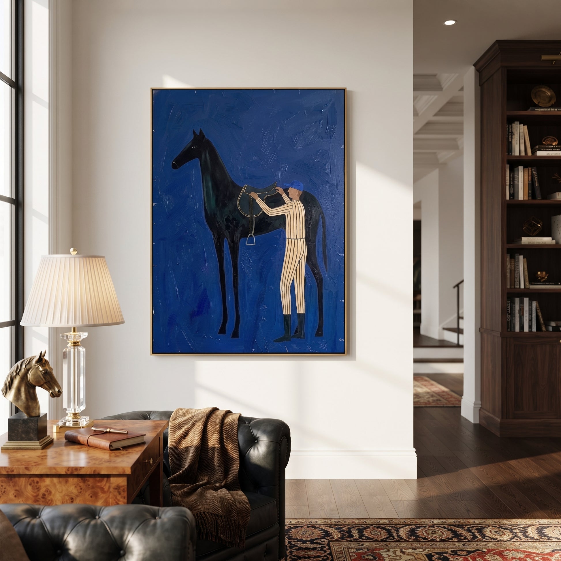 Silver Reins Meet Cobalt - horse handler painting by Isabelle Laurent, modern Western vertical wall art – styled room scene view 4