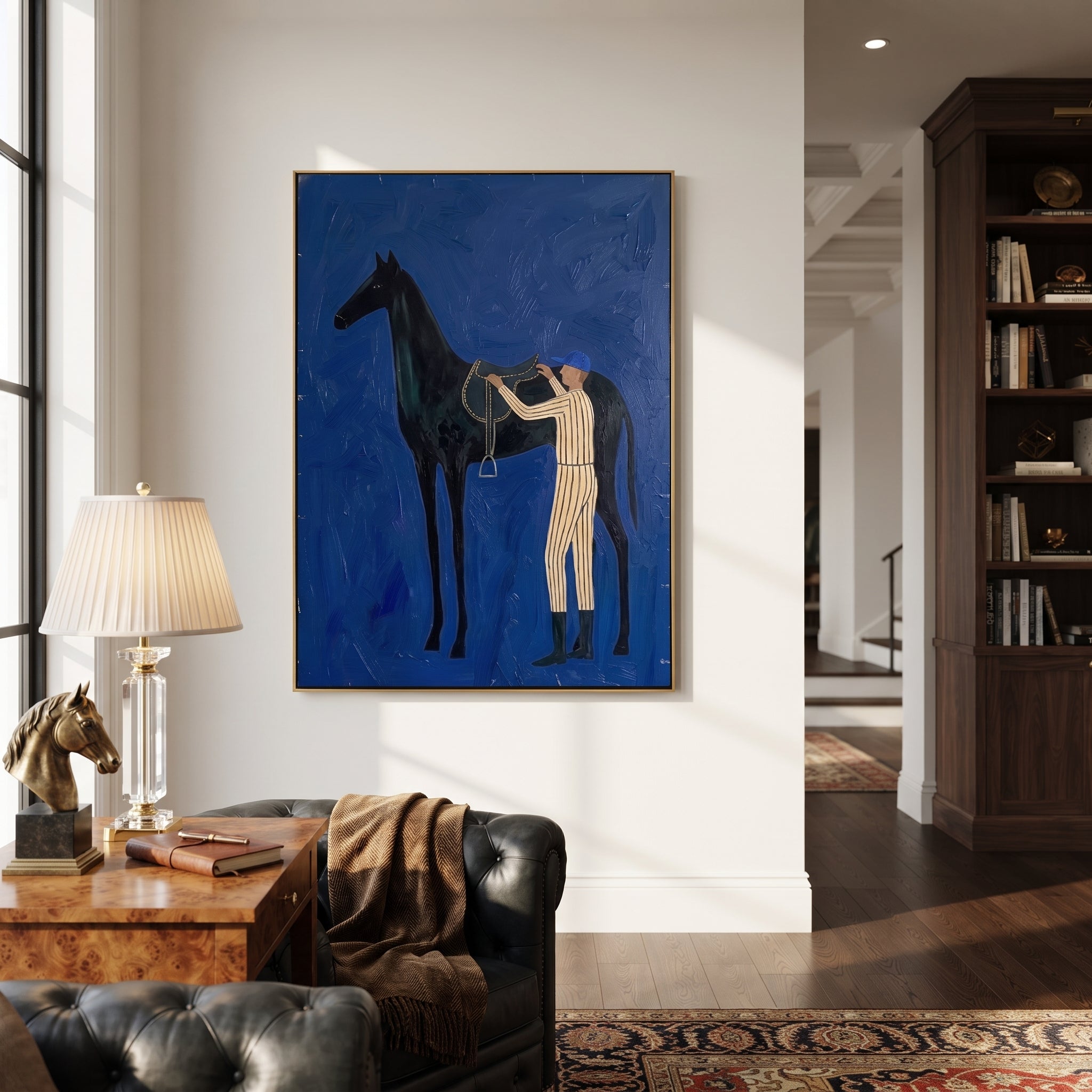 Silver Reins Meet Cobalt - horse handler painting by Isabelle Laurent, modern Western vertical wall art – styled room scene view 4