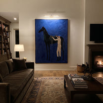 Silver Reins Meet Cobalt - horse handler painting by Isabelle Laurent, modern Western vertical wall art – styled room scene view 5