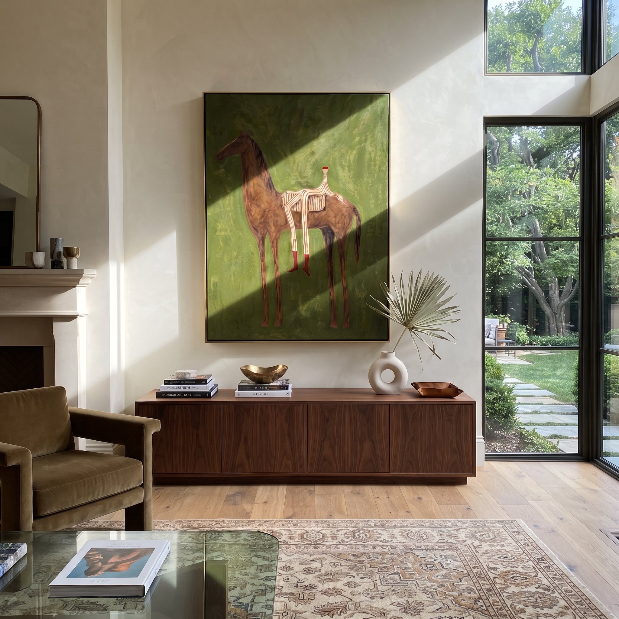 Chestnut Carries Striped Rest - reclining rider horse painting by Isabelle Laurent, modern Western vertical wall art – styled room scene view 1