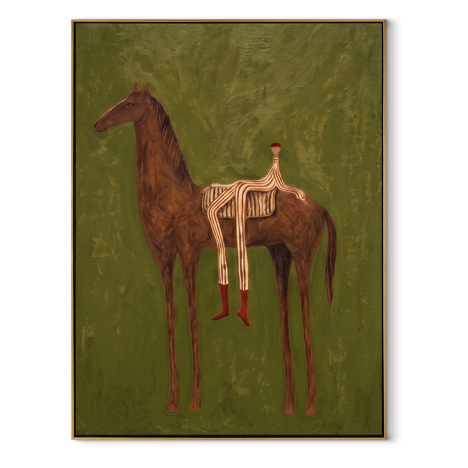 Chestnut Carries Striped Rest - reclining rider horse painting by Isabelle Laurent, modern Western vertical wall art – wood frame on white background
