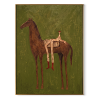 Chestnut Carries Striped Rest - reclining rider horse painting by Isabelle Laurent, modern Western vertical wall art – wood frame on white background