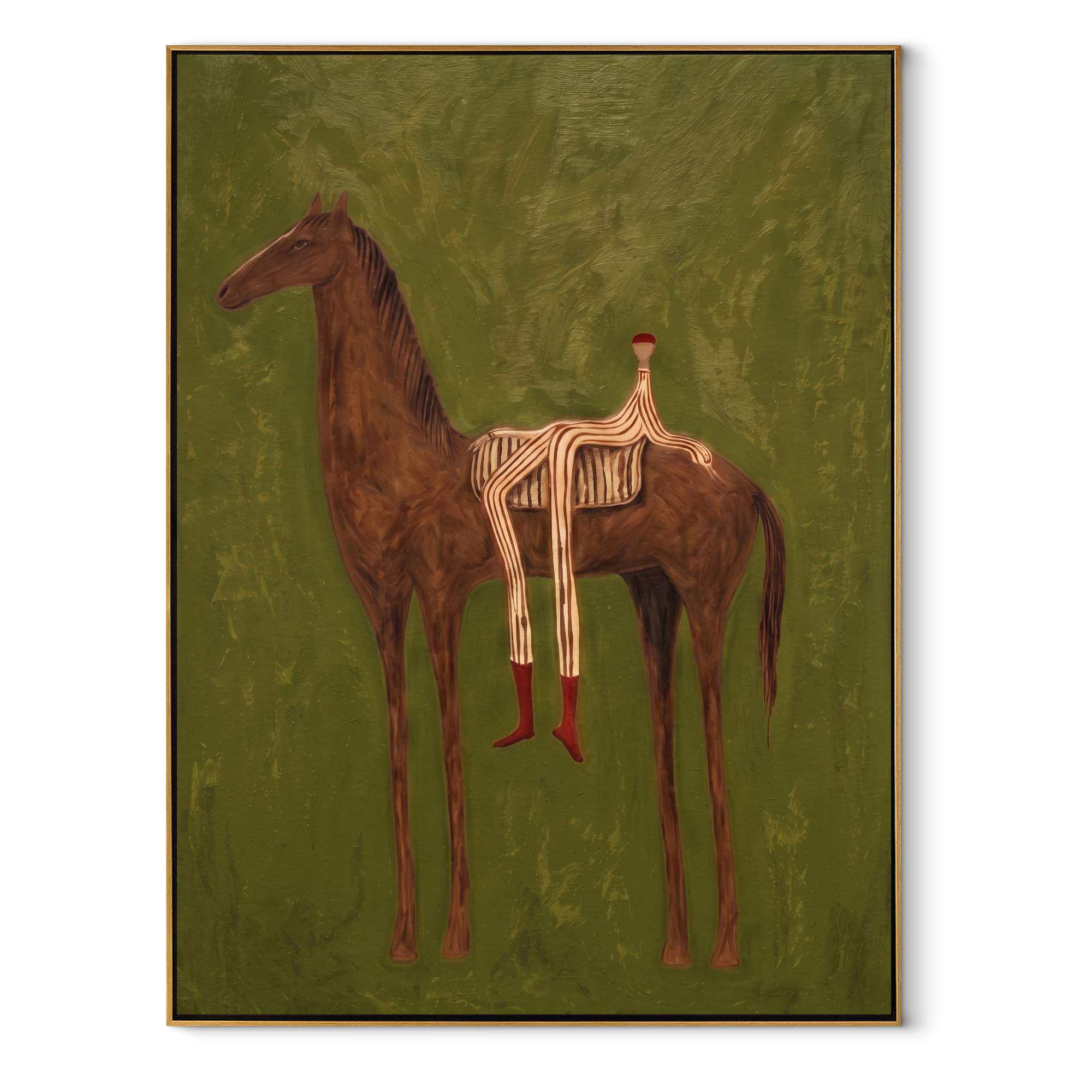 Chestnut Carries Striped Rest - reclining rider horse painting by Isabelle Laurent, modern Western vertical wall art – wood frame on white background