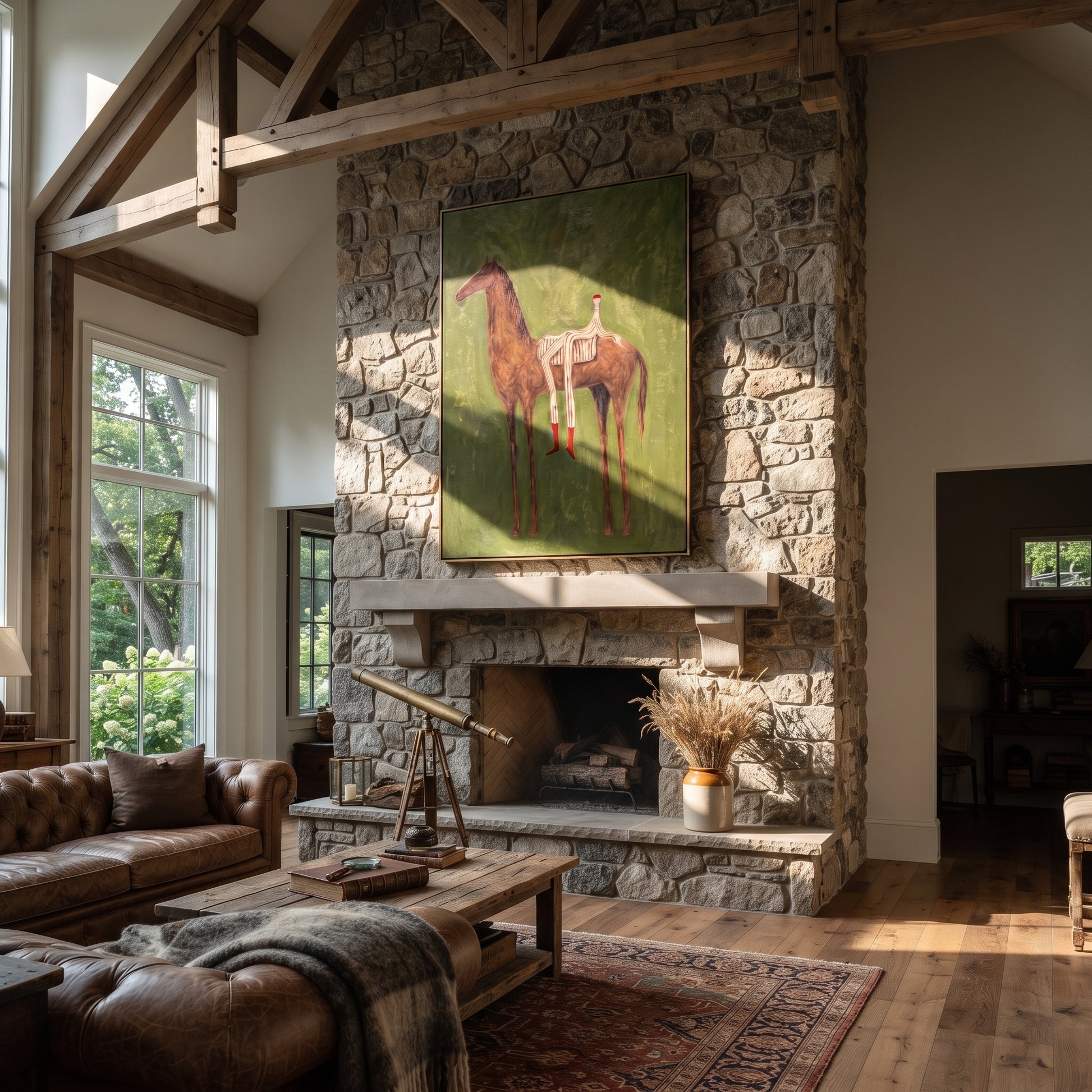 Chestnut Carries Striped Rest - reclining rider horse painting by Isabelle Laurent, modern Western vertical wall art – styled room scene view 2