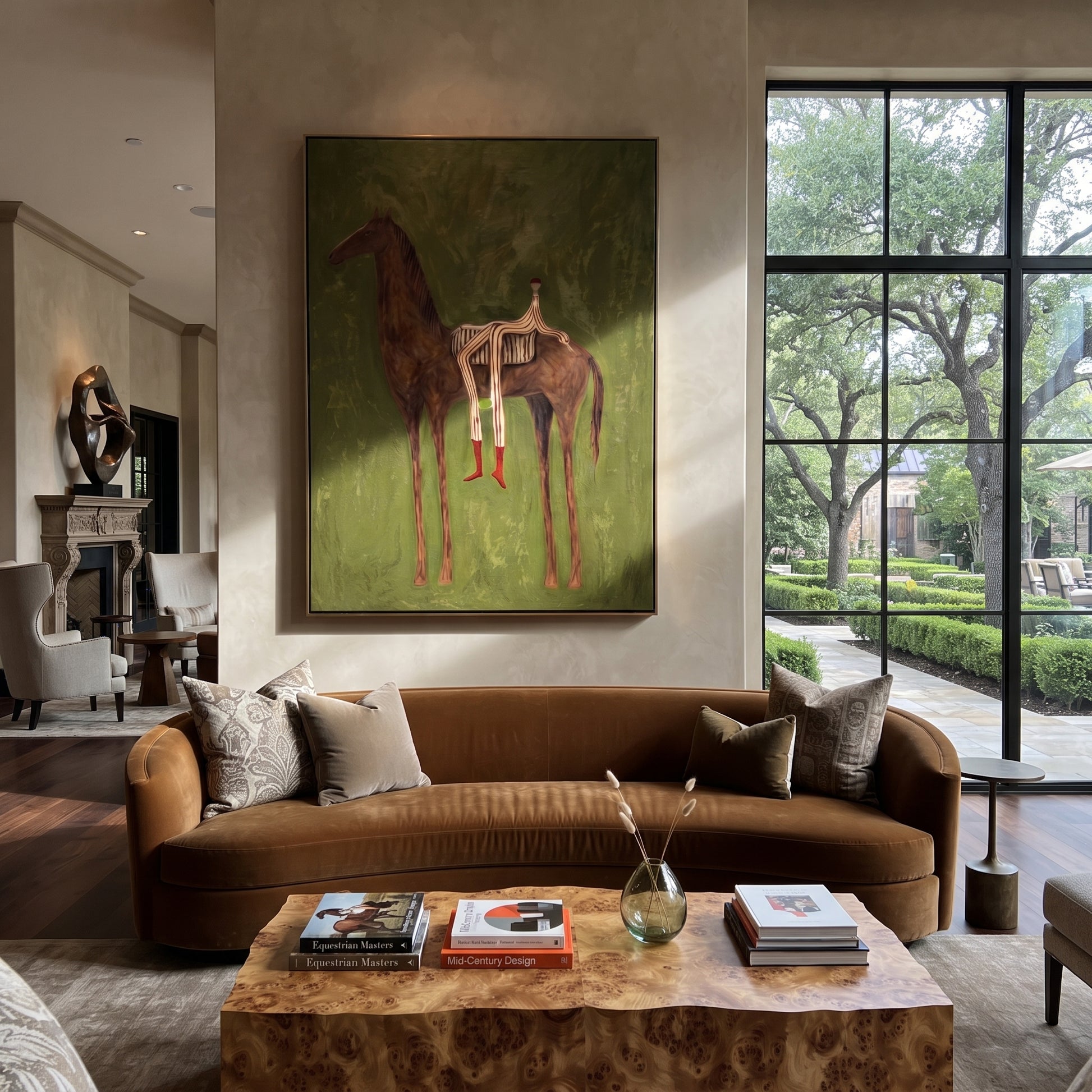 Chestnut Carries Striped Rest - reclining rider horse painting by Isabelle Laurent, modern Western vertical wall art – styled room scene view 3