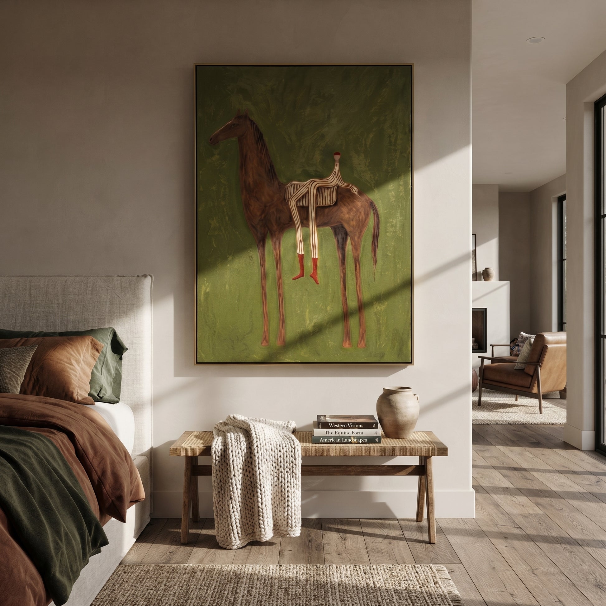 Chestnut Carries Striped Rest - reclining rider horse painting by Isabelle Laurent, modern Western vertical wall art – styled room scene view 4