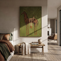 Chestnut Carries Striped Rest - reclining rider horse painting by Isabelle Laurent, modern Western vertical wall art – styled room scene view 4