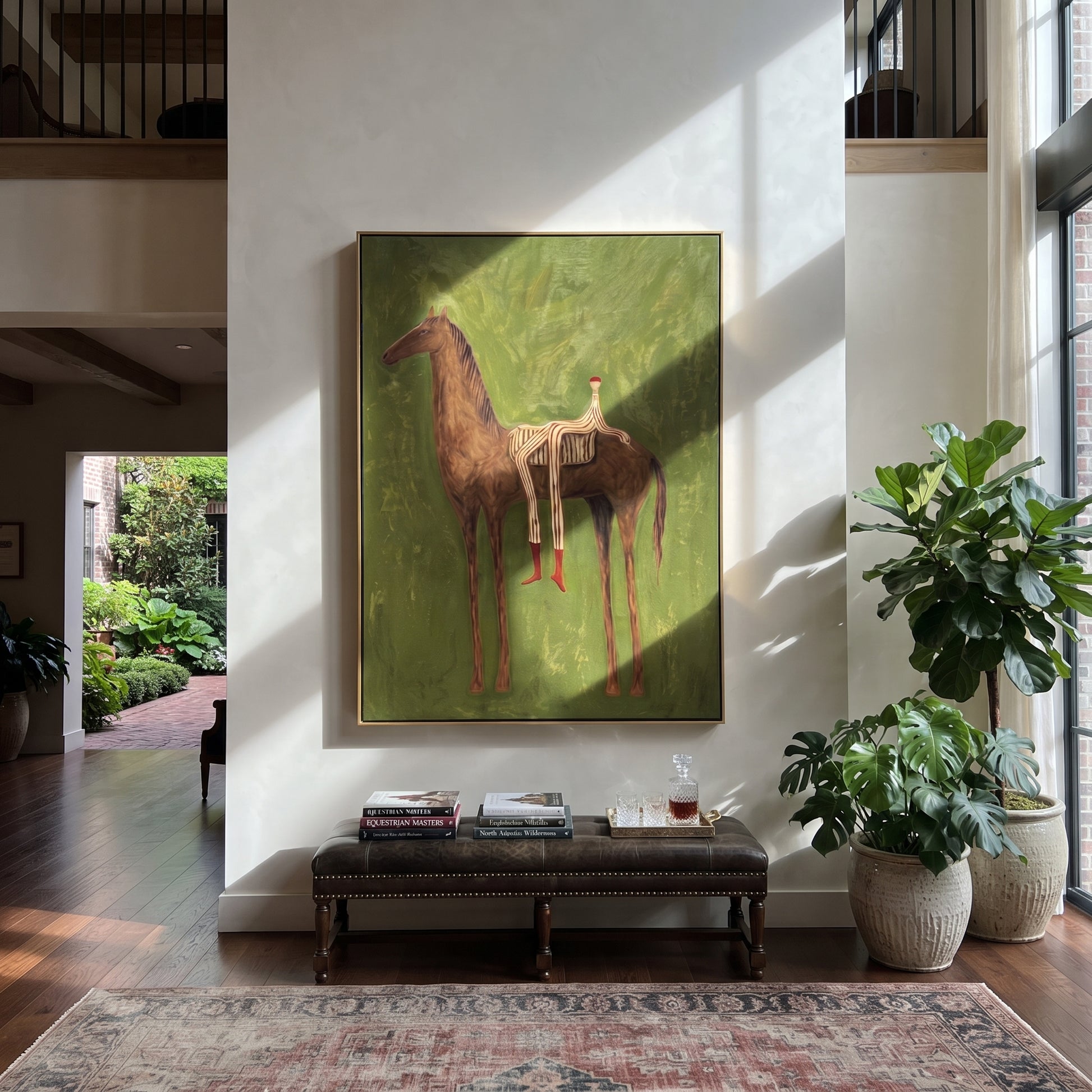 Chestnut Carries Striped Rest - reclining rider horse painting by Isabelle Laurent, modern Western vertical wall art – styled room scene view 5