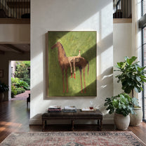 Chestnut Carries Striped Rest - reclining rider horse painting by Isabelle Laurent, modern Western vertical wall art – styled room scene view 5