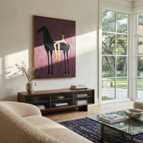 Yellow Boots Cross Violet - reclining rider horse painting by Isabelle Laurent, modern Western vertical wall art – styled room scene view 1