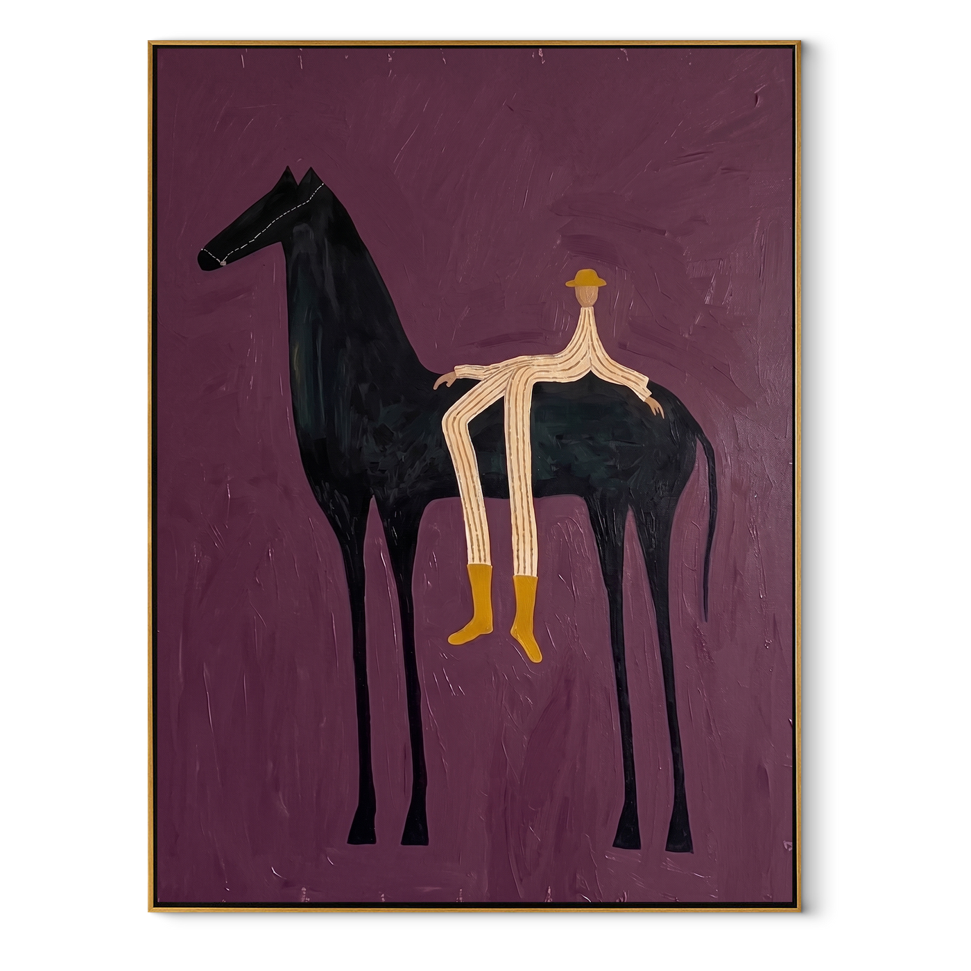 Yellow Boots Cross Violet - reclining rider horse painting by Isabelle Laurent, modern Western vertical wall art – wood frame on white background